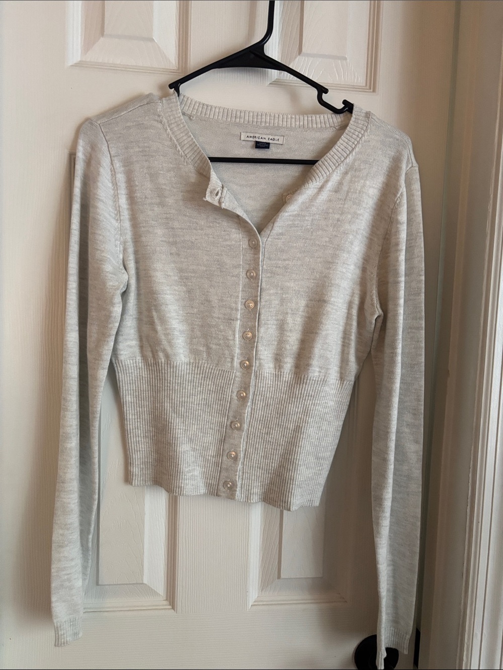 American Eagle Outfitters Light Gray Ribbed Button-Front Cardigan